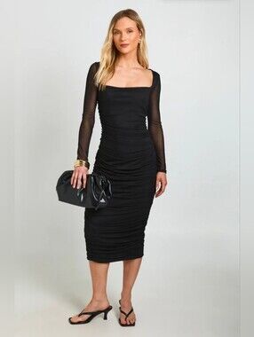 Nasty Gal Black Square-Neck Ruched Midi Dress Size 4